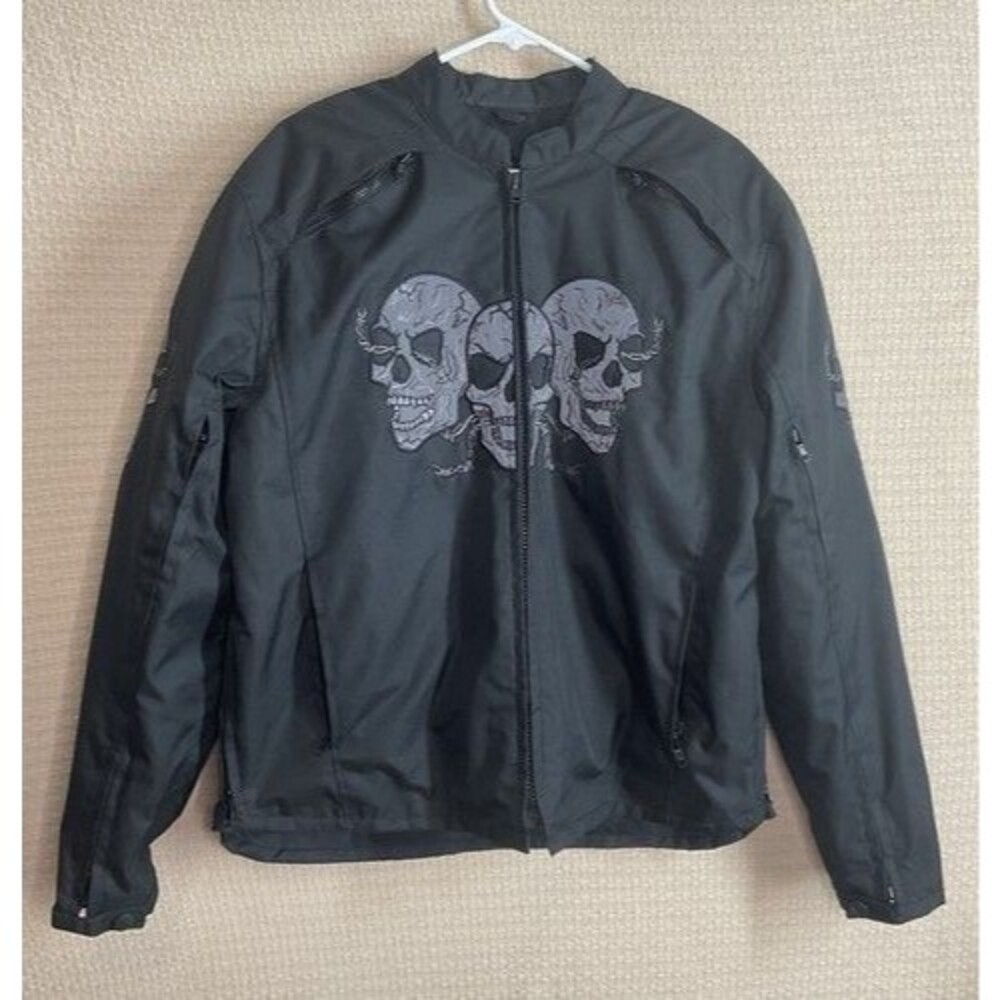 Revolution Gear Black Skulls Logo Textile Armour FullZip Motorcycle Jacket Men L